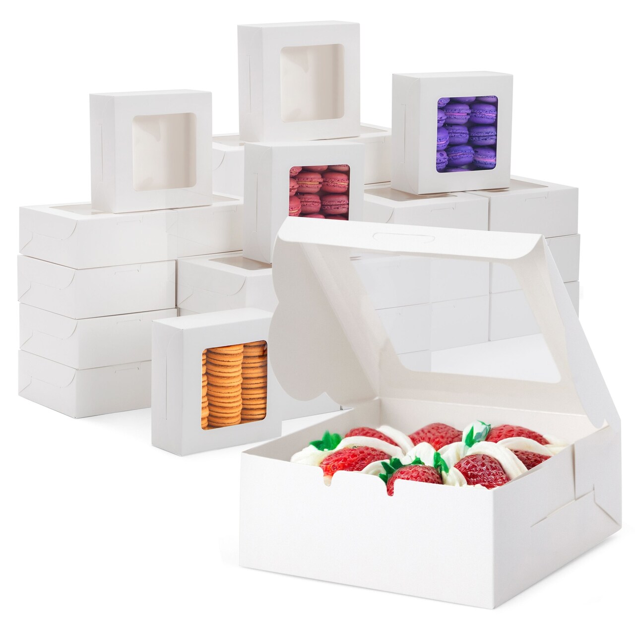 100 Pack 6x6 Bakery Boxes with Window for Desserts, Bulk Treat Containers for Cupcakes, Pastries, Cookies (White)